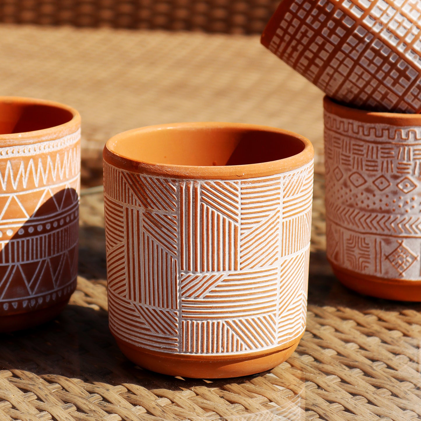 Set Of 4 Aztec Patterned Terracotta Plant Pots