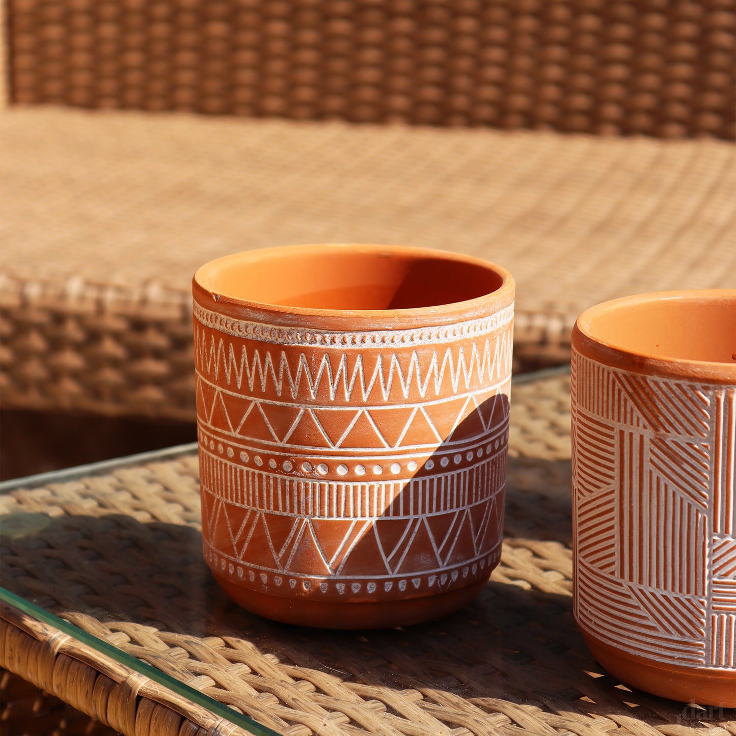 Set Of 4 Aztec Patterned Terracotta Plant Pots