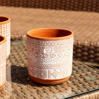 Set Of 4 Aztec Patterned Terracotta Plant Pots