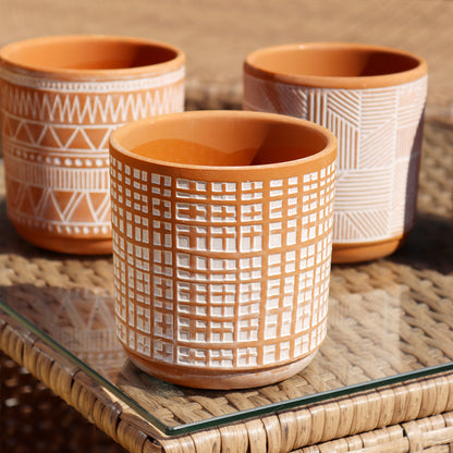 Set Of 4 Aztec Patterned Terracotta Plant Pots