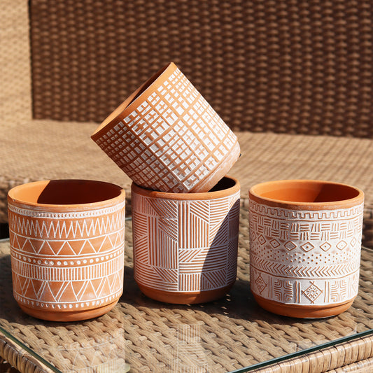 Set Of 4 Aztec Patterned Terracotta Plant Pots