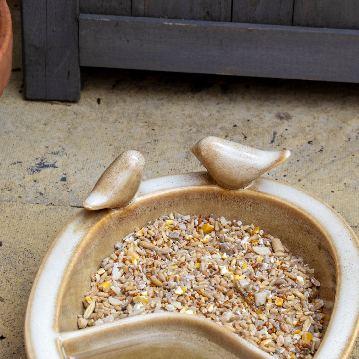Sandy Brown Ceramic Bird Bath & Feeder