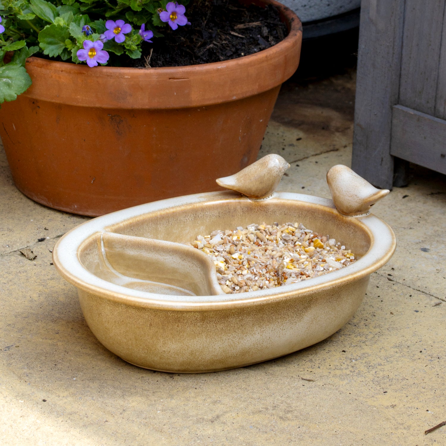 Sandy Brown Ceramic Bird Bath & Feeder