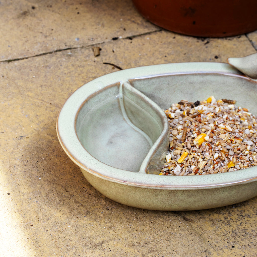 Sage Green Ceramic Bird Bath & Feeder