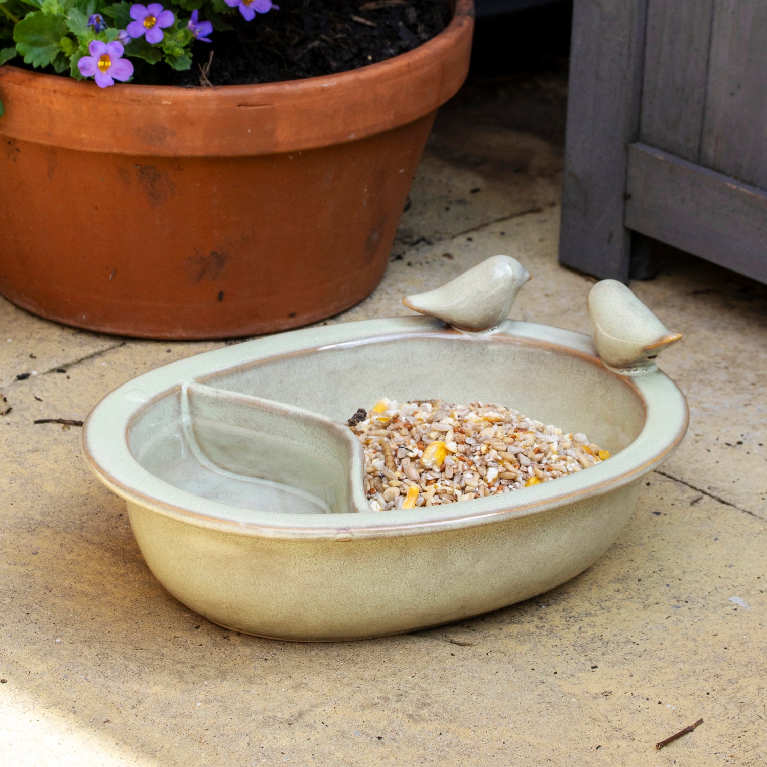 Sage Green Ceramic Bird Bath & Feeder