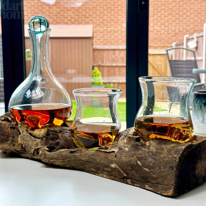 Molten Decanter With 2 Glasses Teak Root Stand