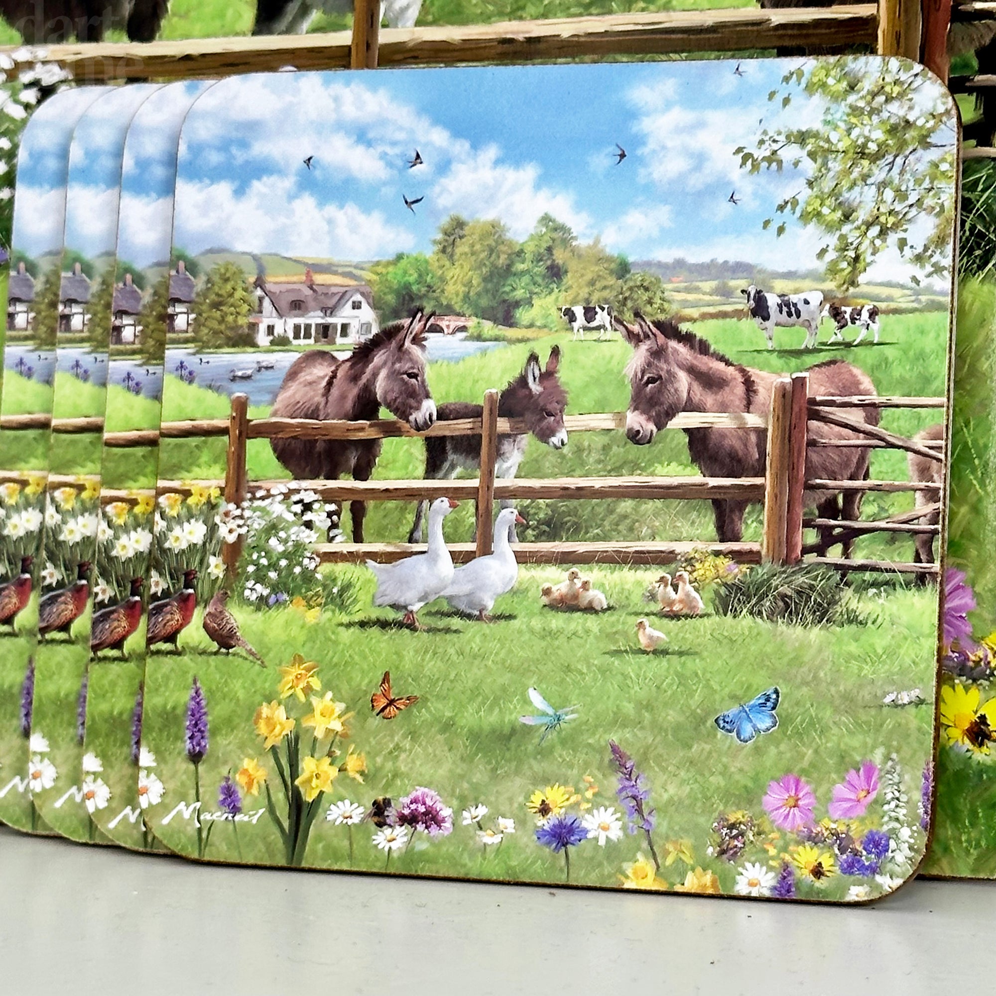 Set mit 8 Tischsets und Untersetzern „Donkey Farm“.