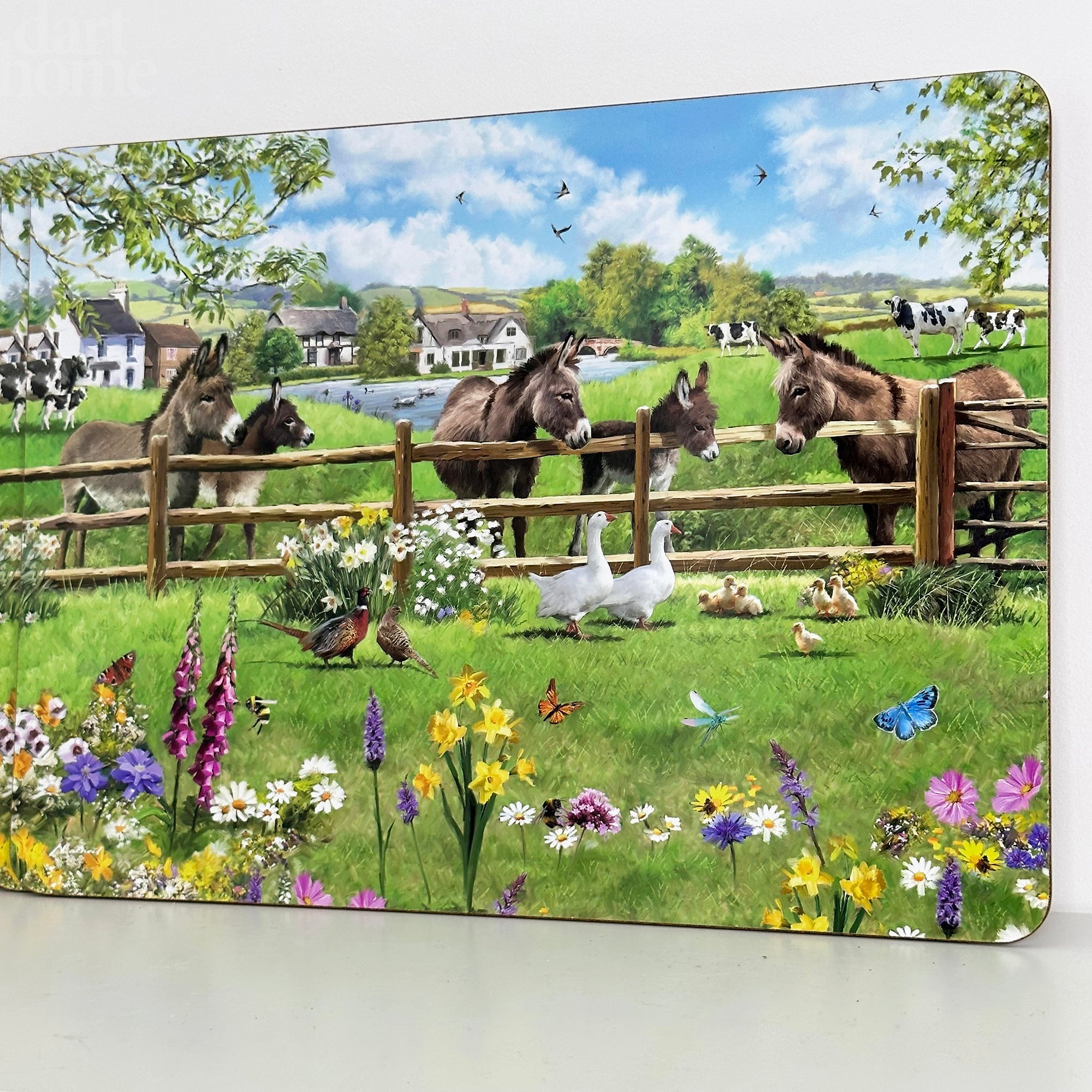 Set mit 8 Tischsets und Untersetzern „Donkey Farm“.