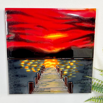 Red Sunset Dock Ceramic Art Tile 8x8"