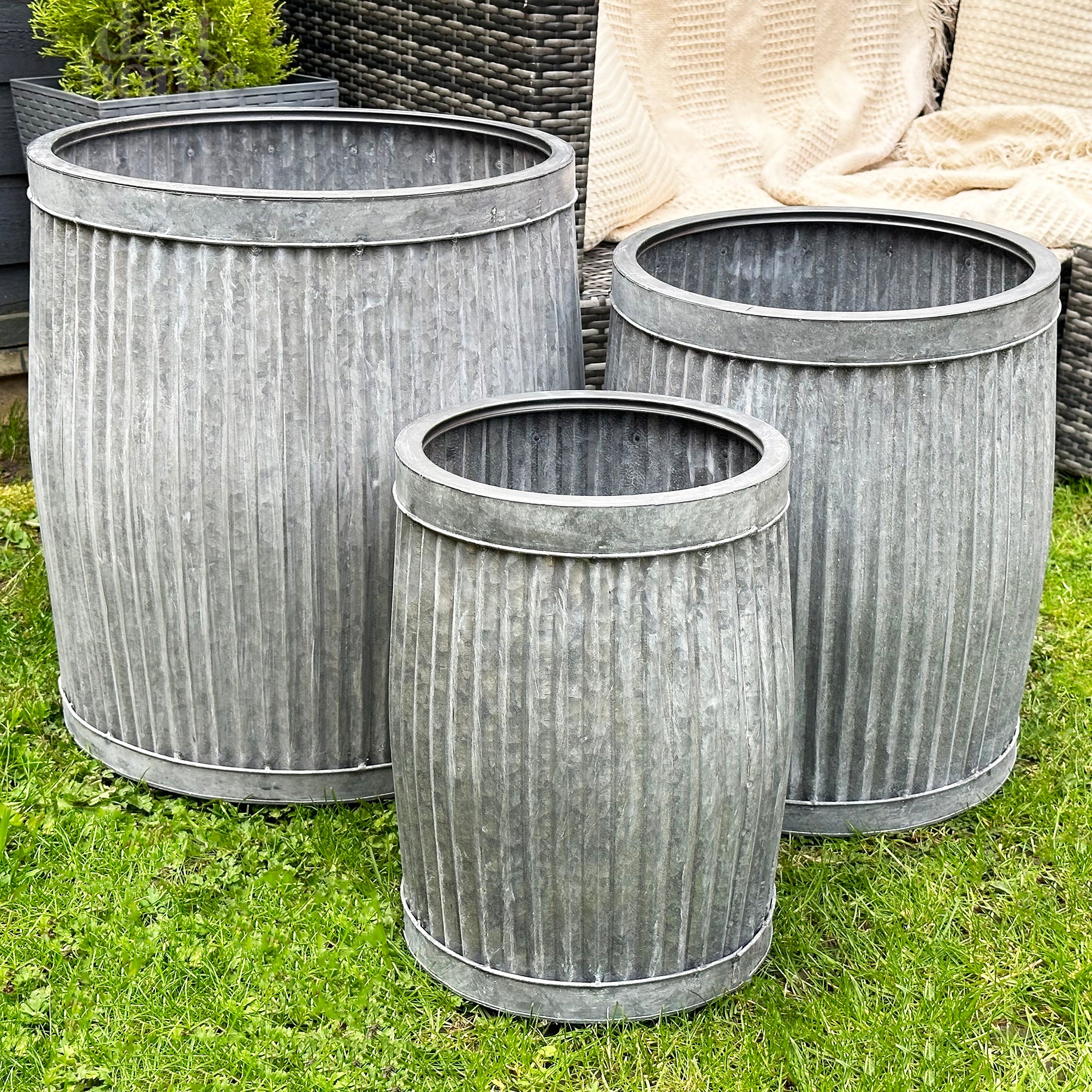 Set mit 3 verzinkten Dolly Tub-Pflanzgefäßen