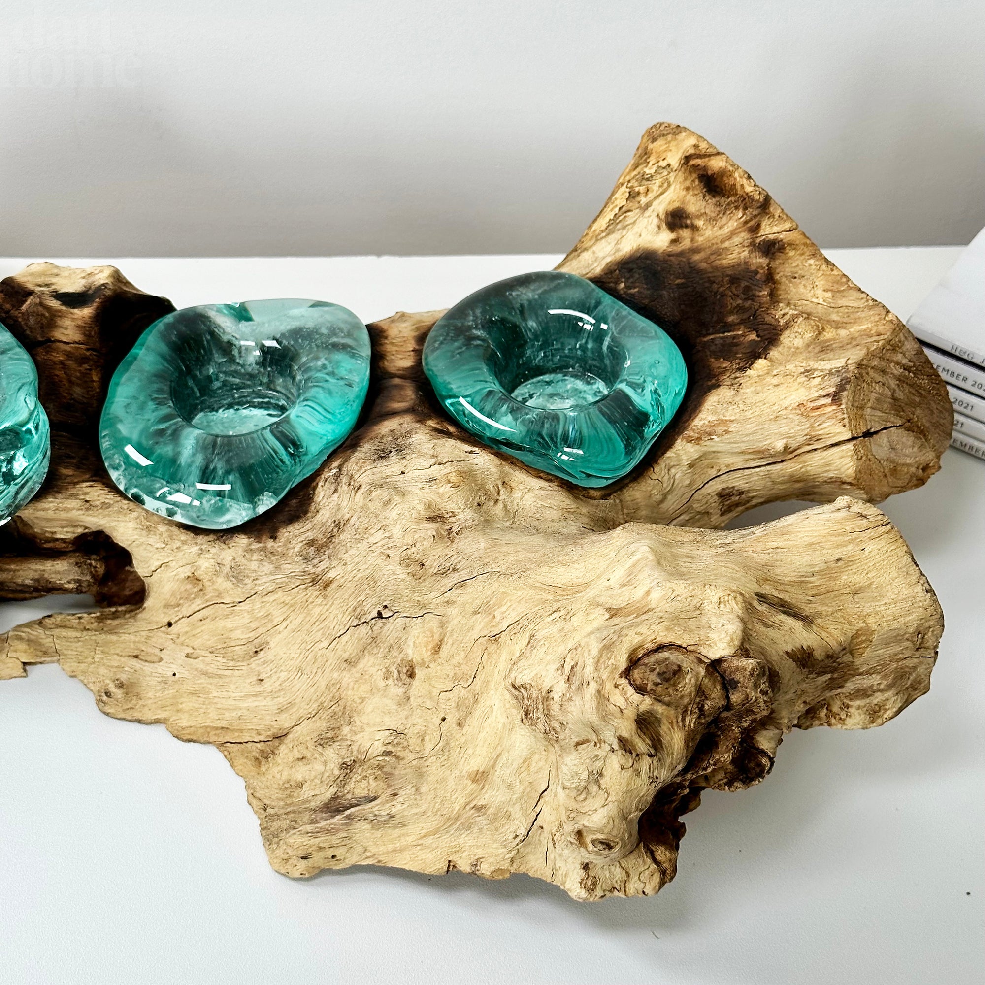 Molten Glass 4 Candle Holder On Teak Root Stand