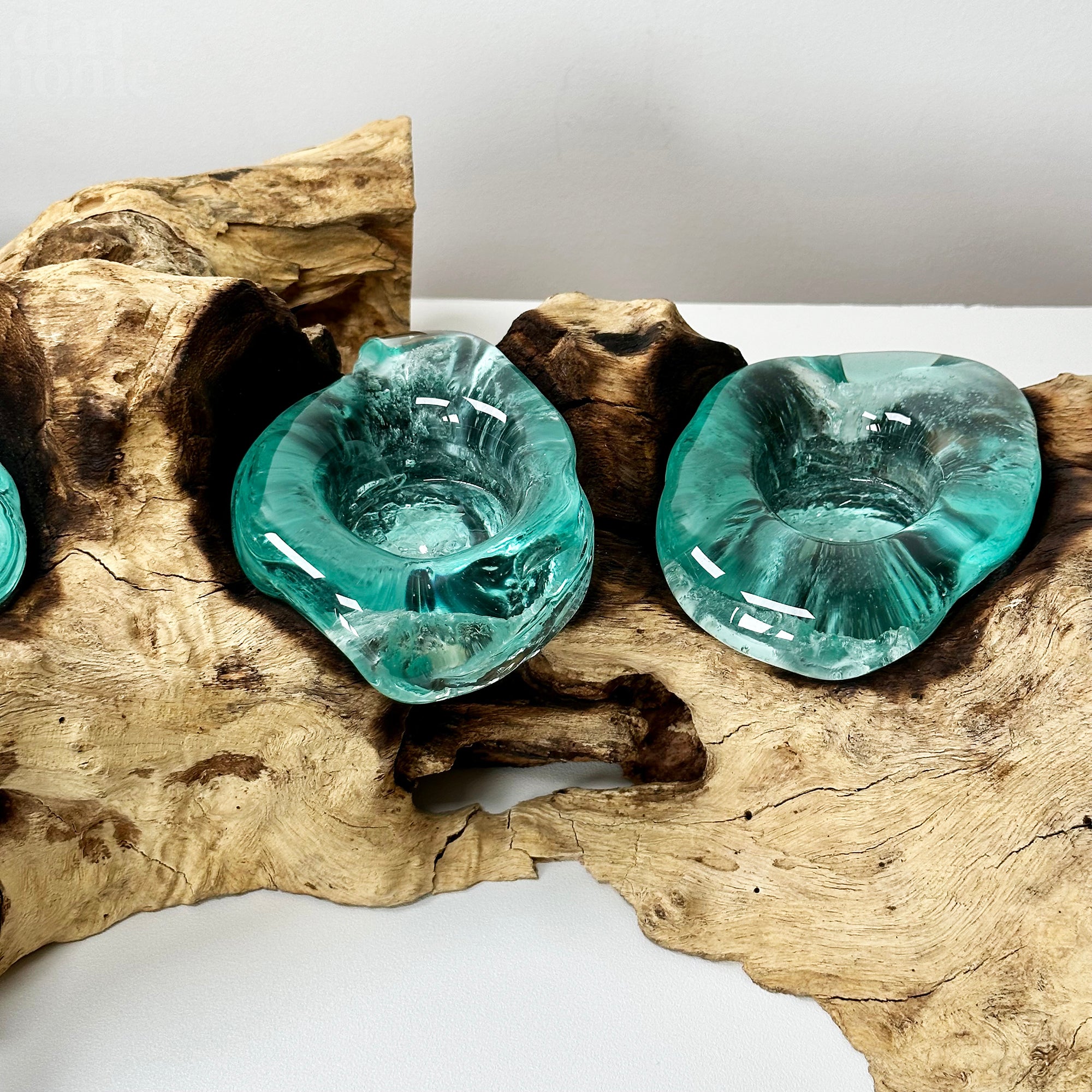 Molten Glass 4 Candle Holder On Teak Root Stand