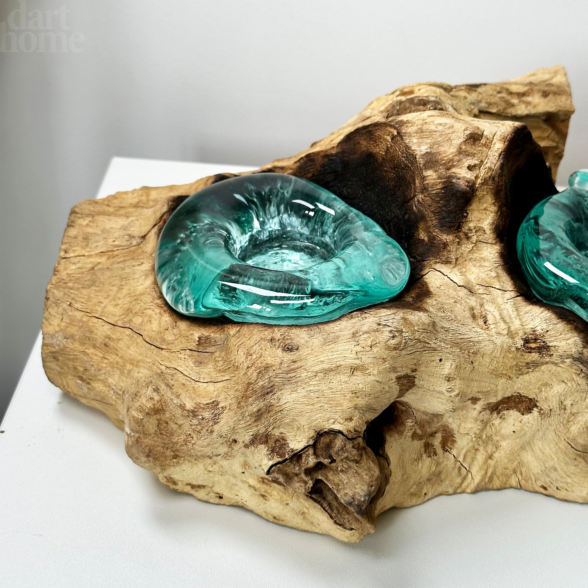 Molten Glass 4 Candle Holder On Teak Root Stand
