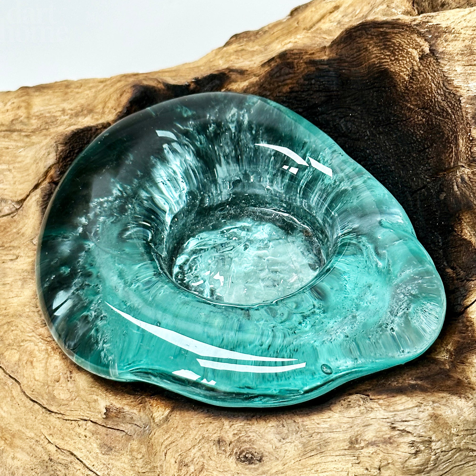 Molten Glass 4 Candle Holder On Teak Root Stand