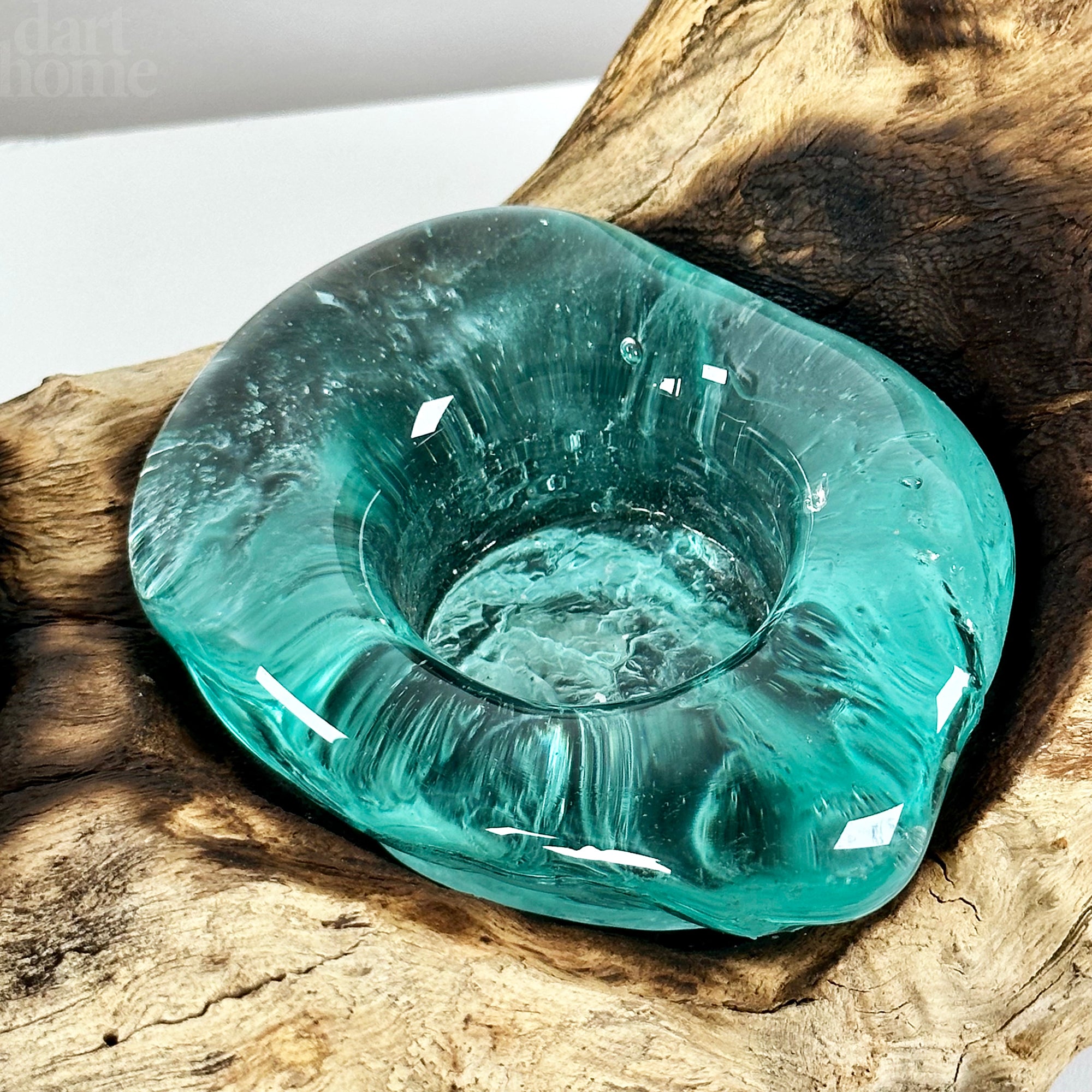 Molten Glass 4 Candle Holder On Teak Root Stand