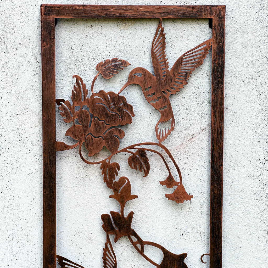 Bronze Narrow Floral Hummingbird Garden Wall Art