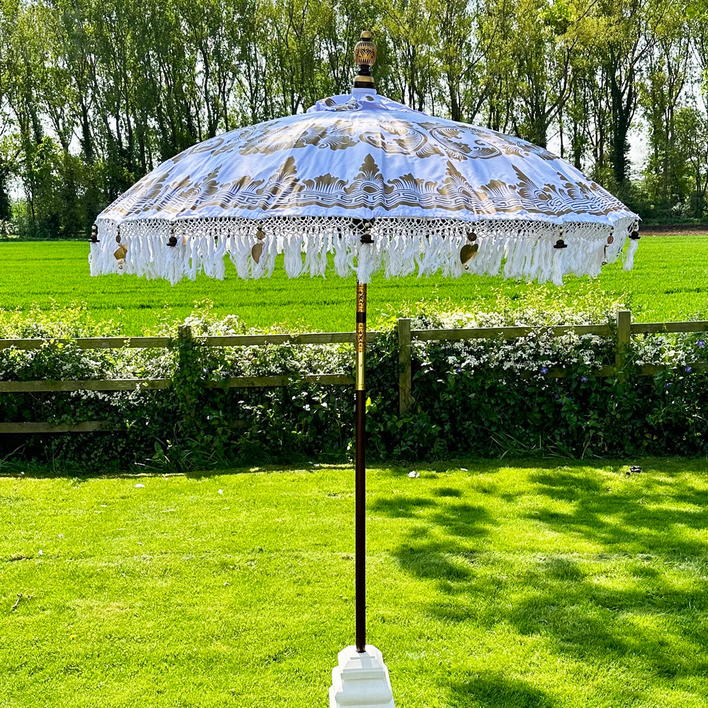 White And Gold Bali Sun Parasol 2m