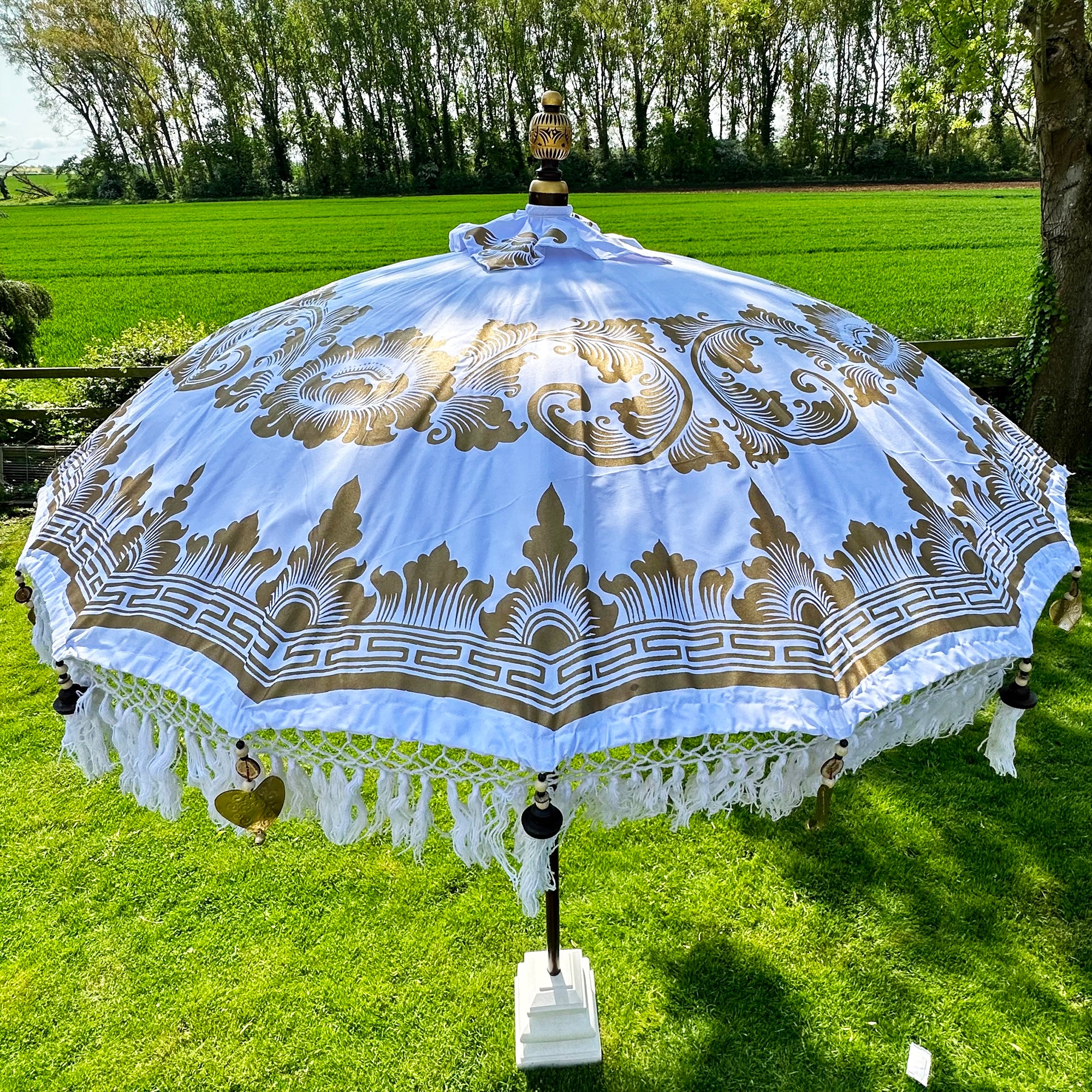 White And Gold Bali Sun Parasol 2m