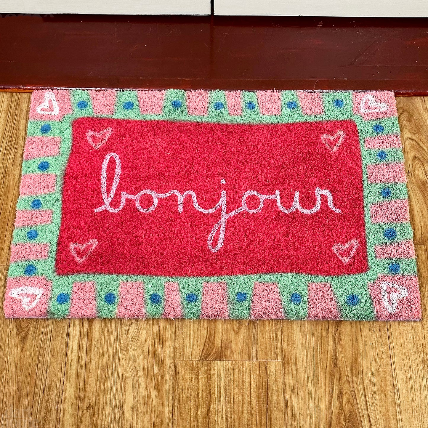 Pink Bonjour Script Coir Doormat