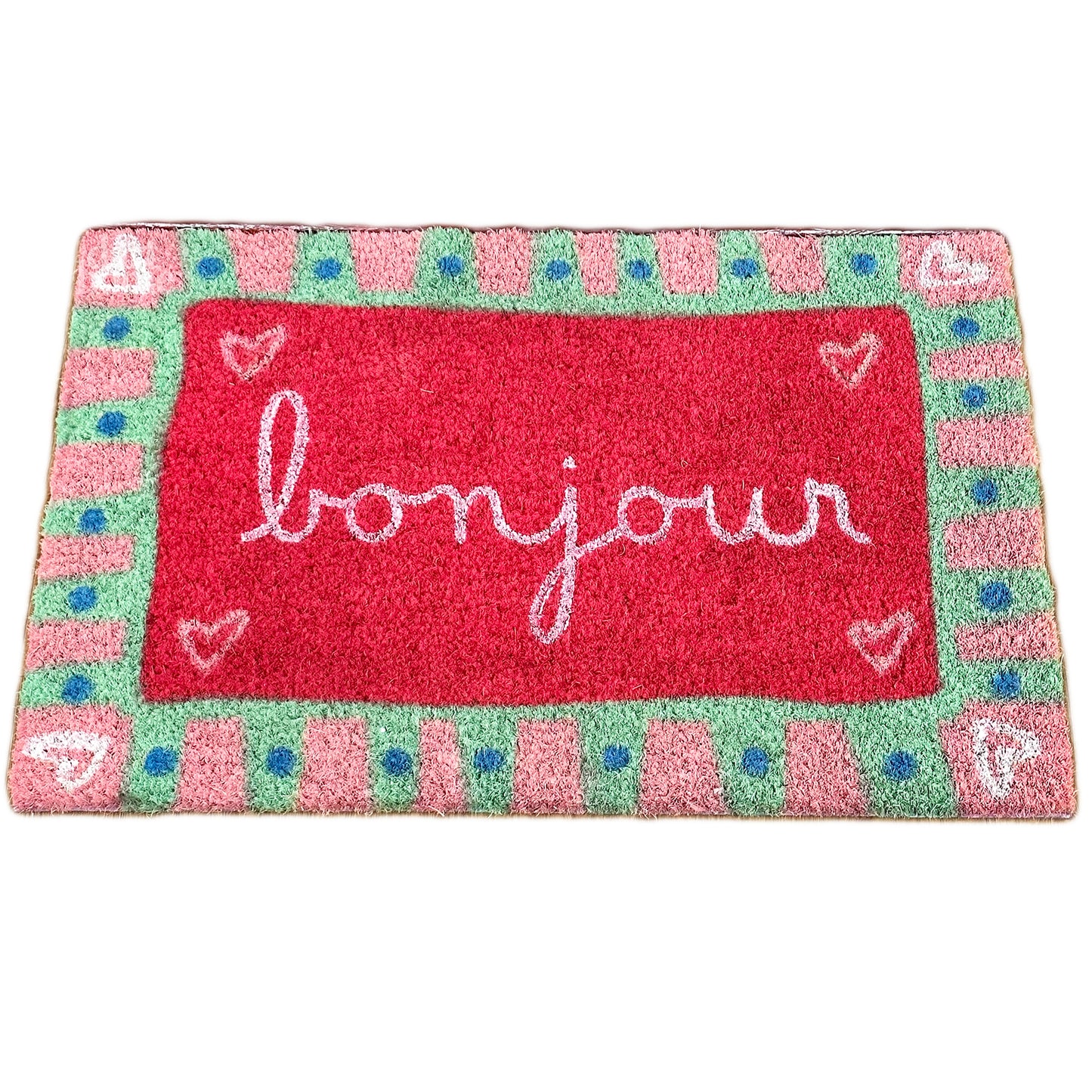 Pink Bonjour Script Coir Doormat