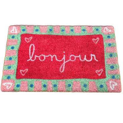 Pink Bonjour Script Coir Doormat