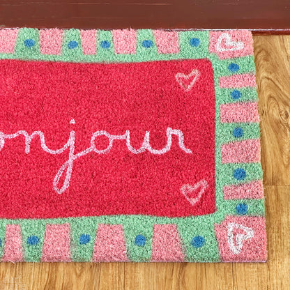 Pink Bonjour Script Coir Doormat