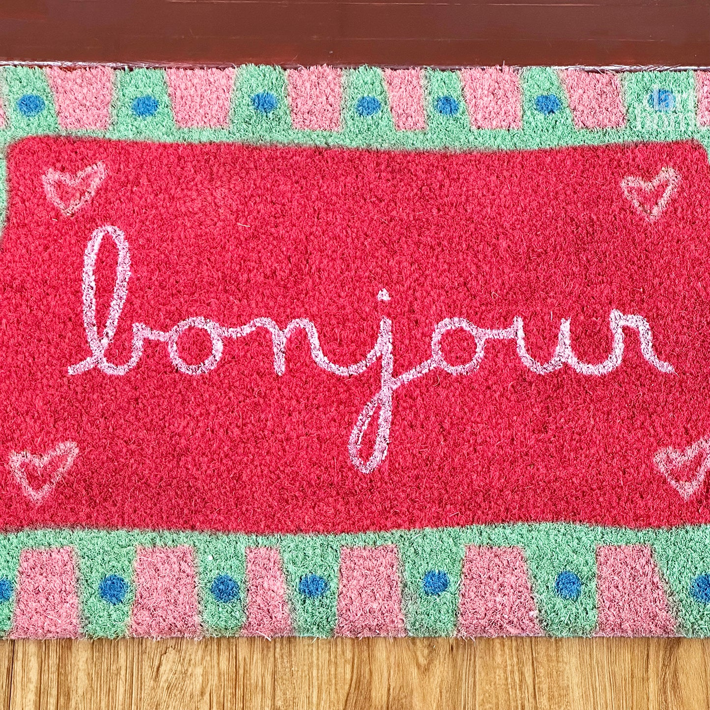 Pink Bonjour Script Coir Doormat