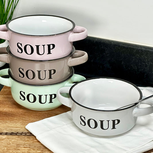 Set mit 4 pastellfarbenen Suppenschüsseln mit Griffen