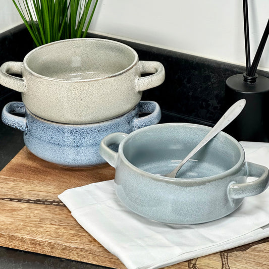 Set Of 3 Reactive Glaze Soup Bowls With Handles