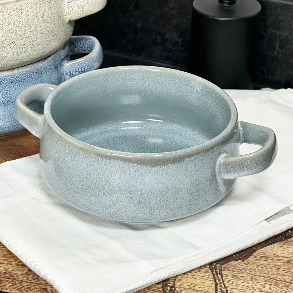 Set Of 3 Reactive Glaze Soup Bowls With Handles