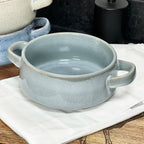 Set Of 3 Reactive Glaze Soup Bowls With Handles