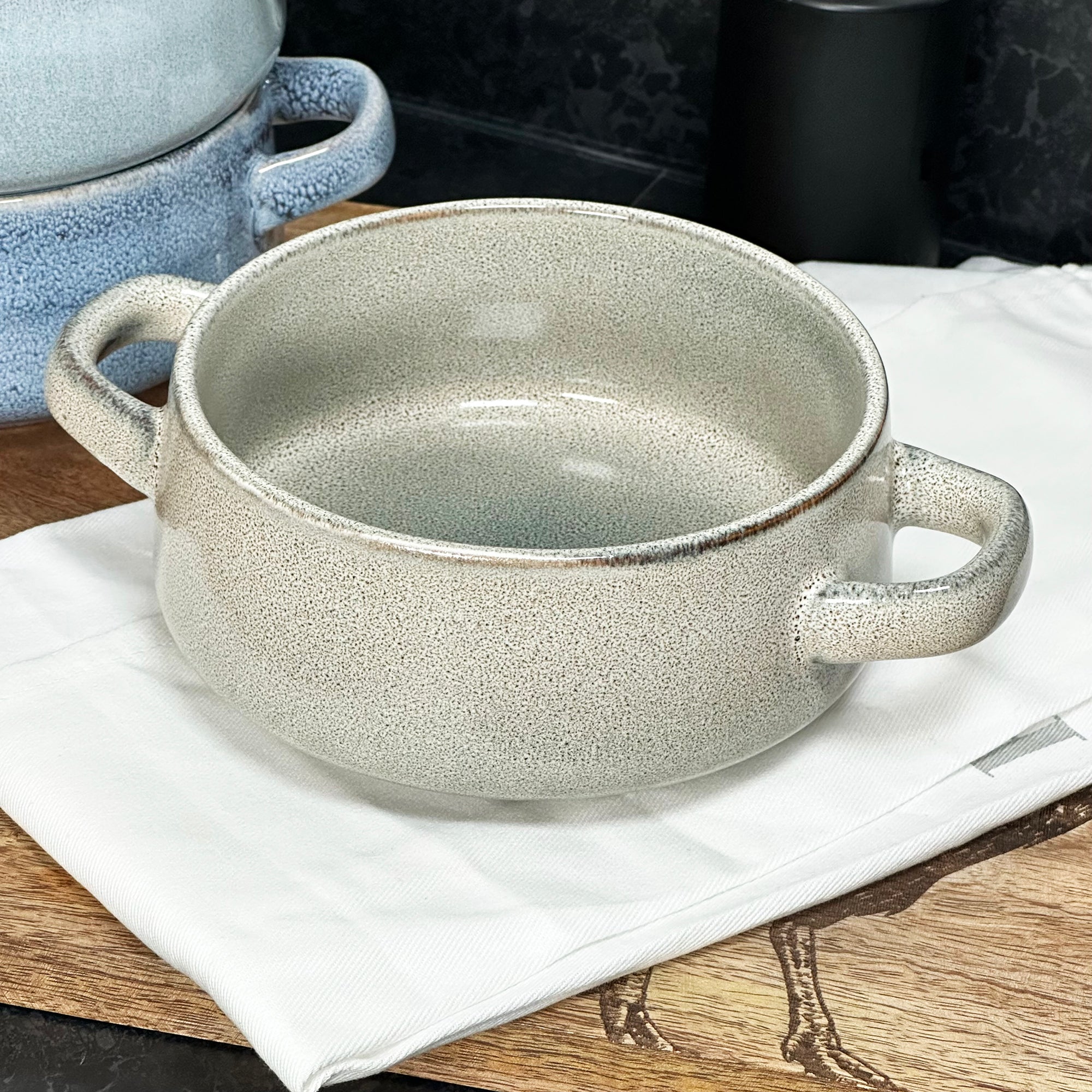 Set Of 3 Reactive Glaze Soup Bowls With Handles