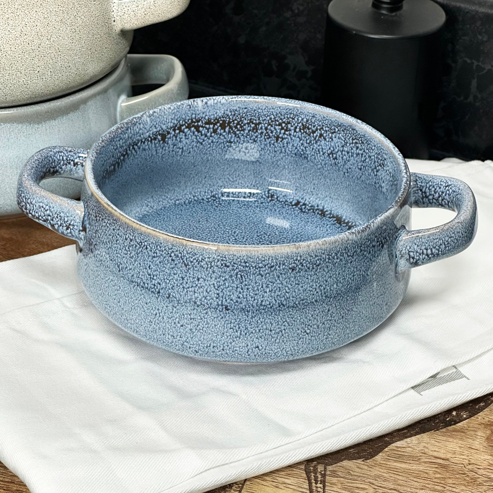 Set Of 3 Reactive Glaze Soup Bowls With Handles