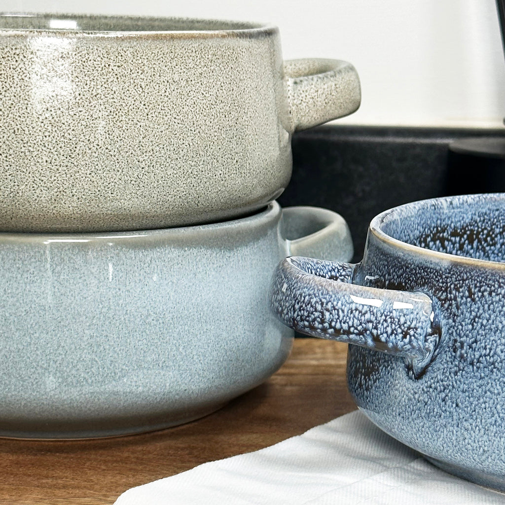 Set Of 3 Reactive Glaze Soup Bowls With Handles