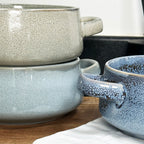 Set Of 3 Reactive Glaze Soup Bowls With Handles
