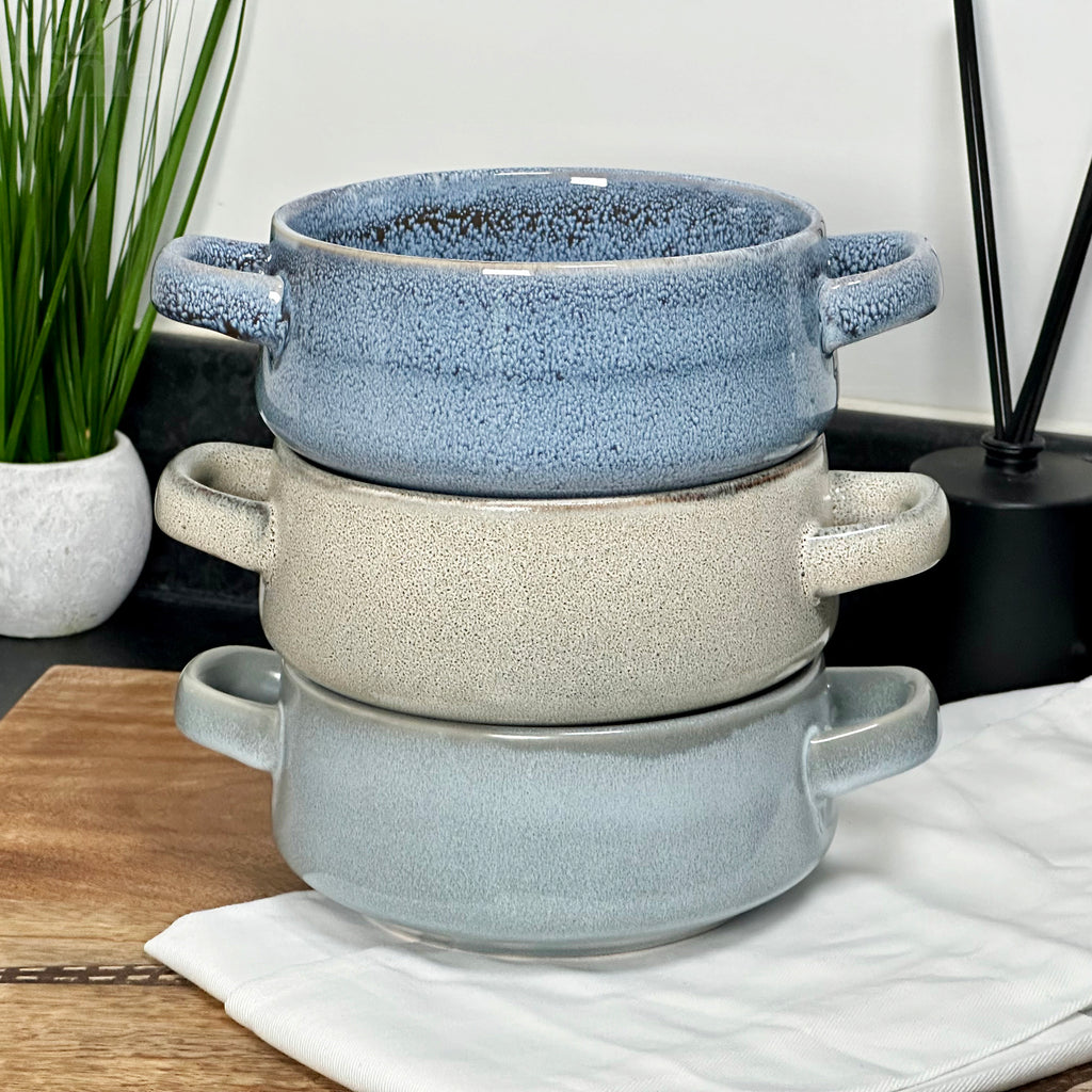Set Of 3 Reactive Glaze Soup Bowls With Handles