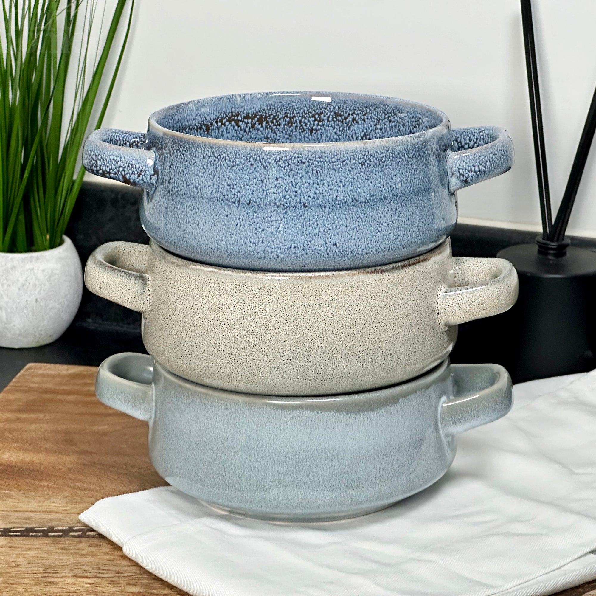 Set Of 3 Reactive Glaze Soup Bowls With Handles