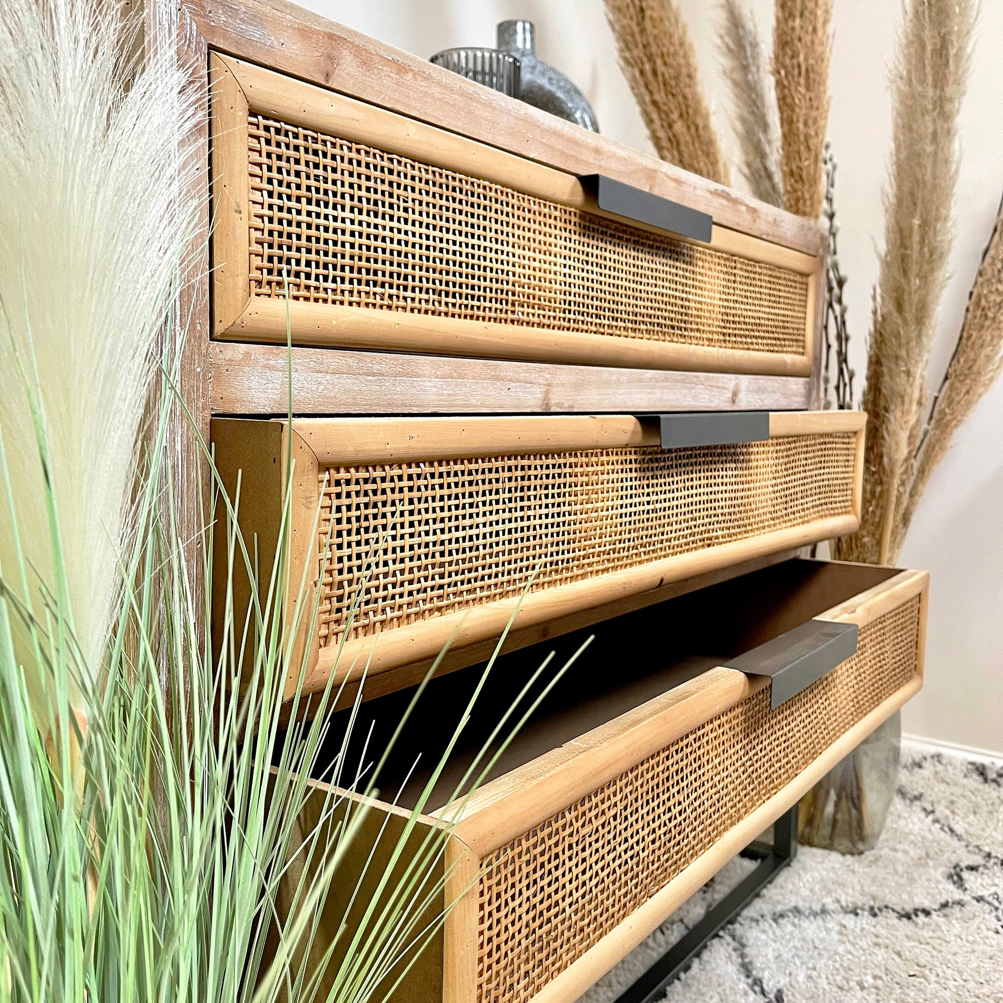 Vintage Wood & Rattan Chest Of Drawers