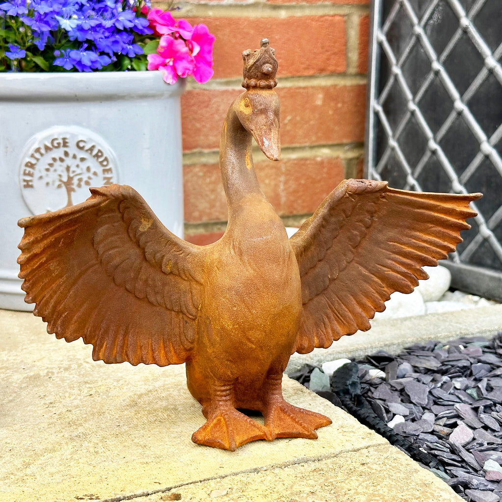 Rusty Cast Iron Crowned Swan Sculpture
