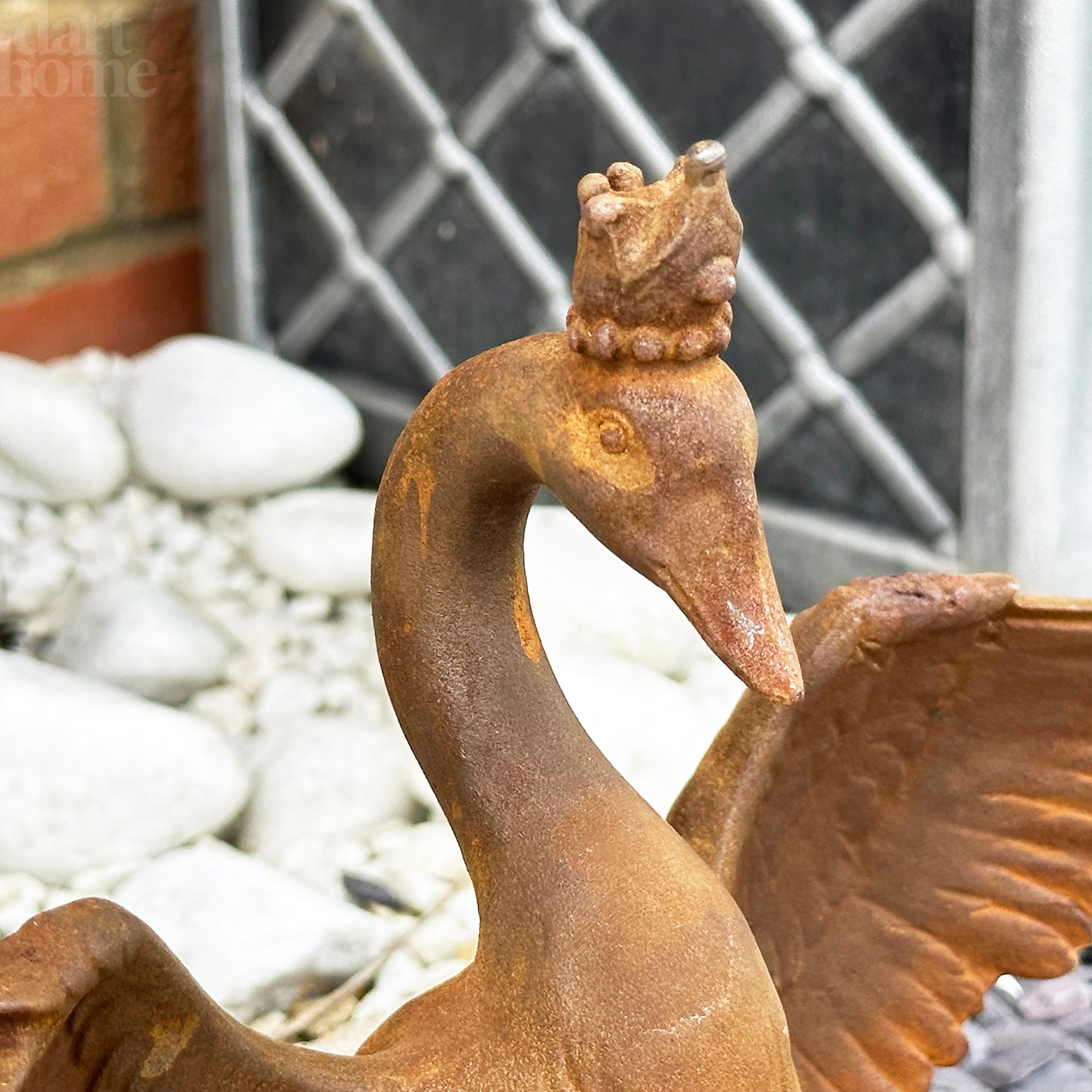 Rusty Cast Iron Crowned Swan Sculpture