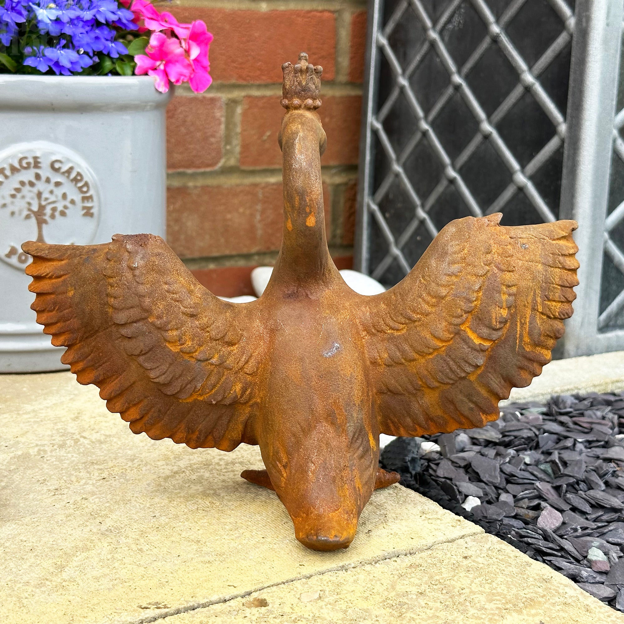Rusty Cast Iron Crowned Swan Sculpture