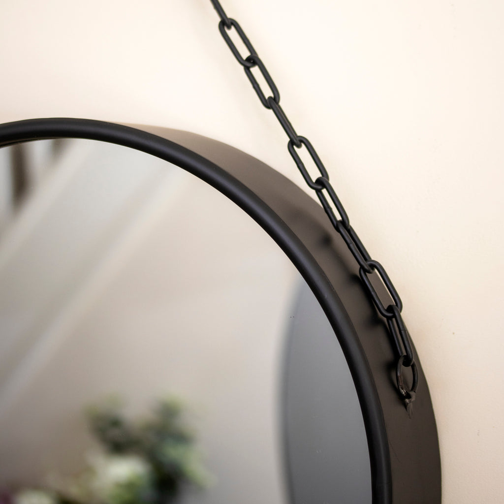 Black Metal Round Hanging Wall Mirror With Chain