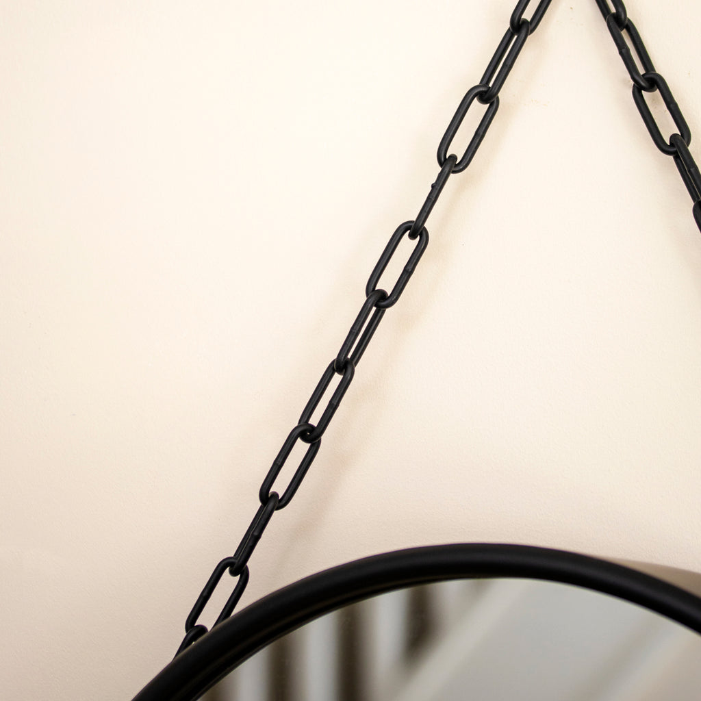 Black Metal Round Hanging Wall Mirror With Chain