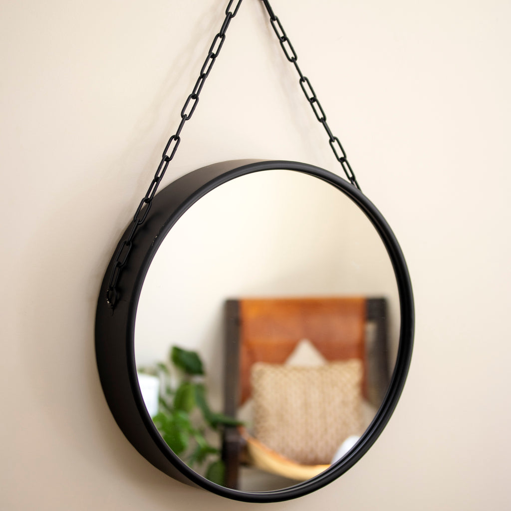 Black Metal Round Hanging Wall Mirror With Chain