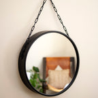 Black Metal Round Hanging Wall Mirror With Chain