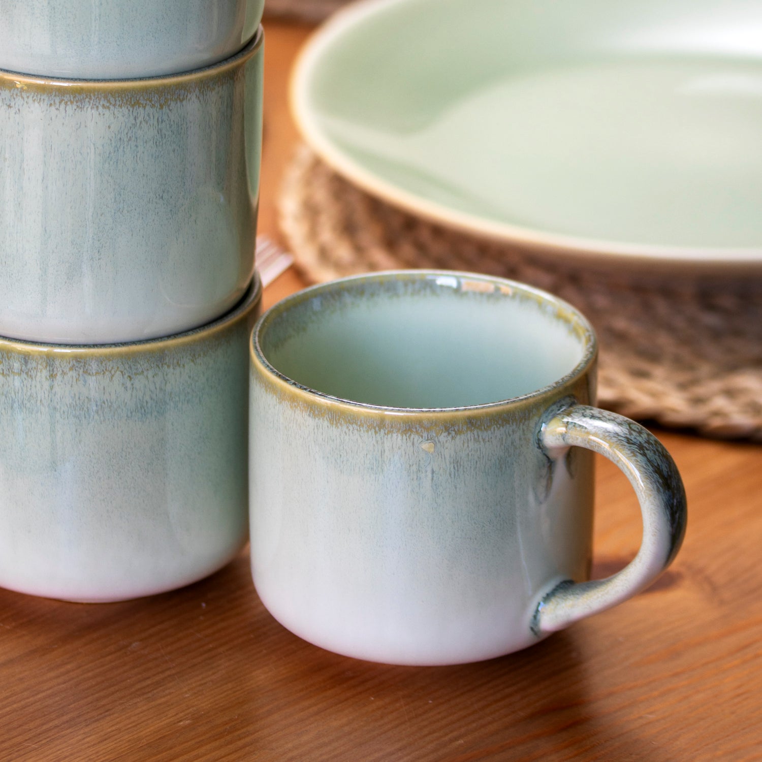 Set Of 4 Green Reactive Glaze Mugs