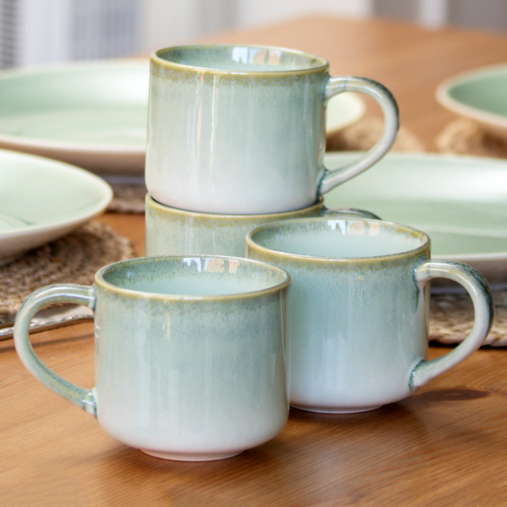 Set Of 4 Green Reactive Glaze Mugs