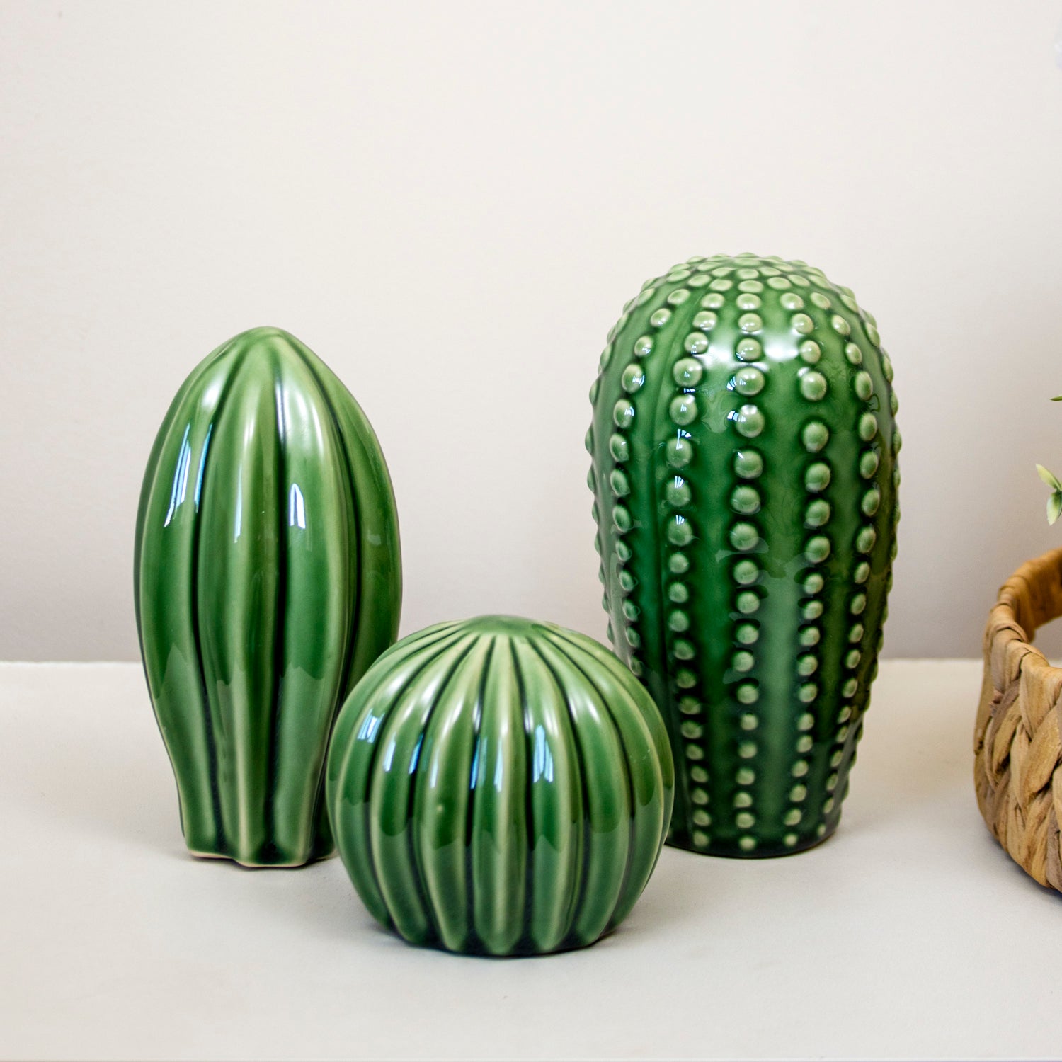 Set Of 3 Green Ceramic Cactus Ornaments
