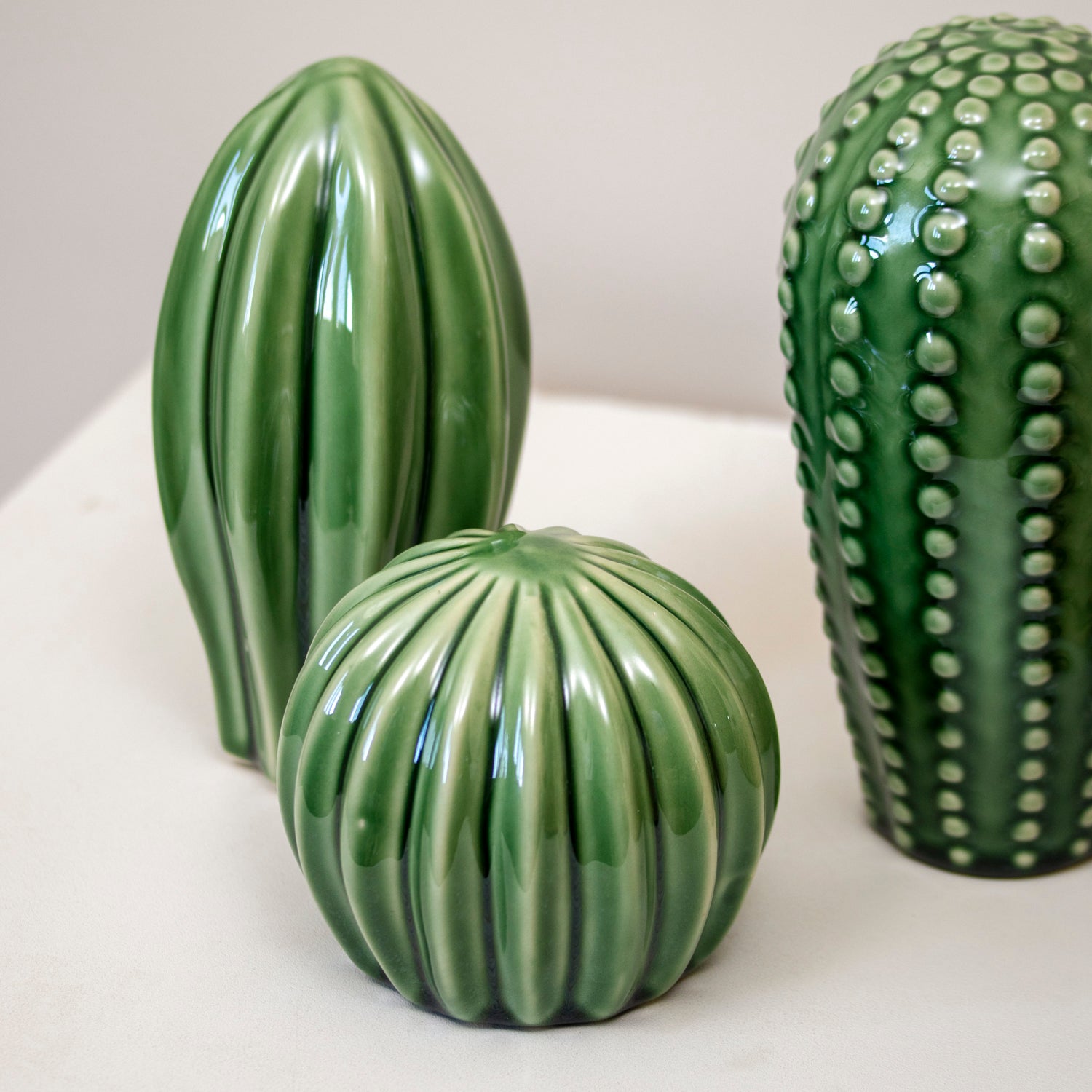 Set Of 3 Green Ceramic Cactus Ornaments