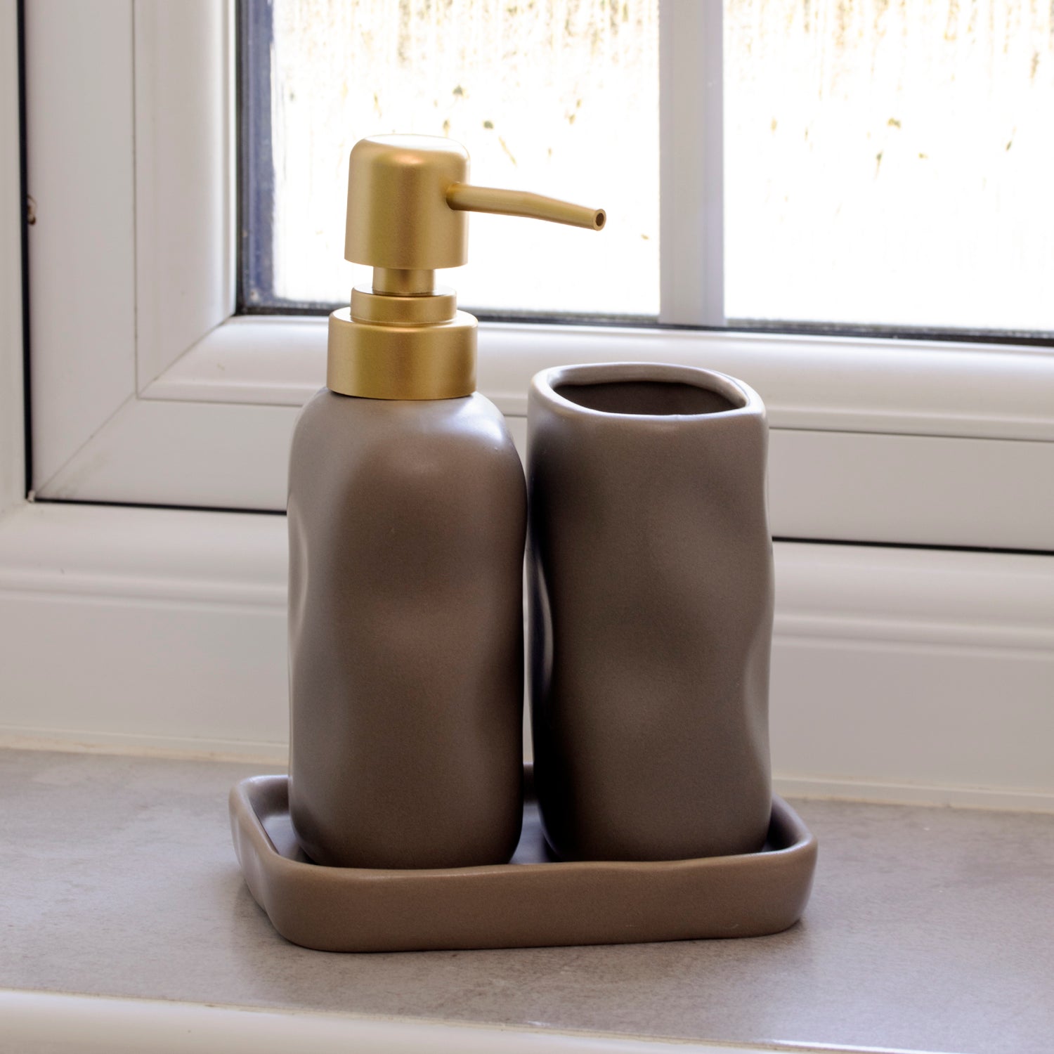 3 Piece Grey Ripple Stoneware Bathroom Accessories Set